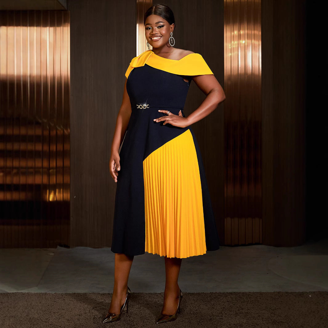 Women Style One Shoulder Collar Contrast Patchwork Party Dresses 5