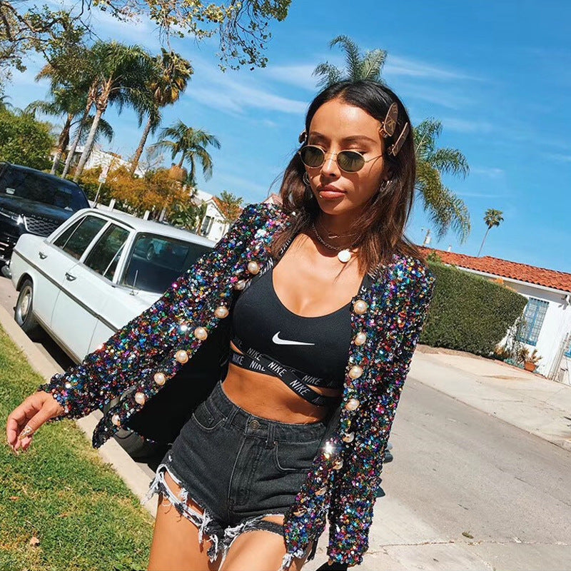 Women Multi-Color Sequin Long Sleeve Jacket 3