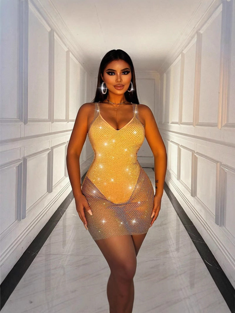 Women Beaded Stretchy Net Sexy Mesh Suspender V-Neck Dress 3