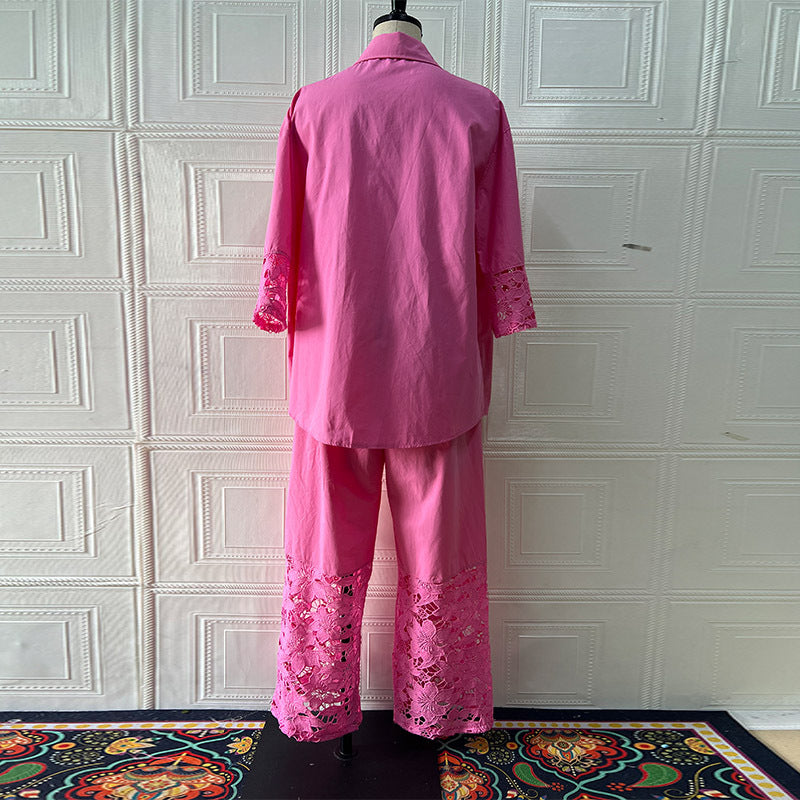 Women Spring Long-Sleeved Shirt and Patchwork Lace Pant Two-Piece Set 7