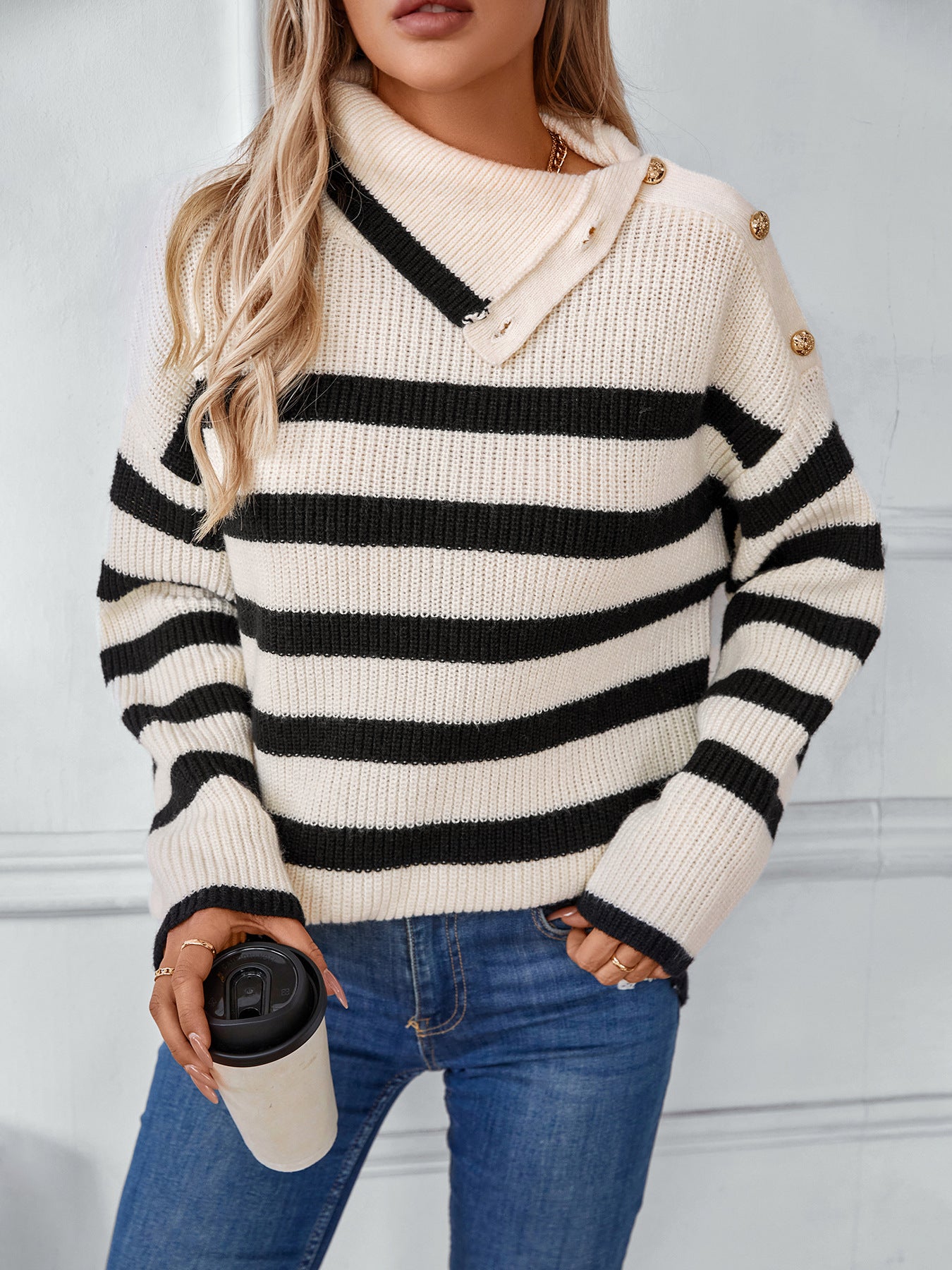Striped Turndown Collar Pullover Ladies Women Knitting Shirt Autumn Winter Casual Button Sweater 4
