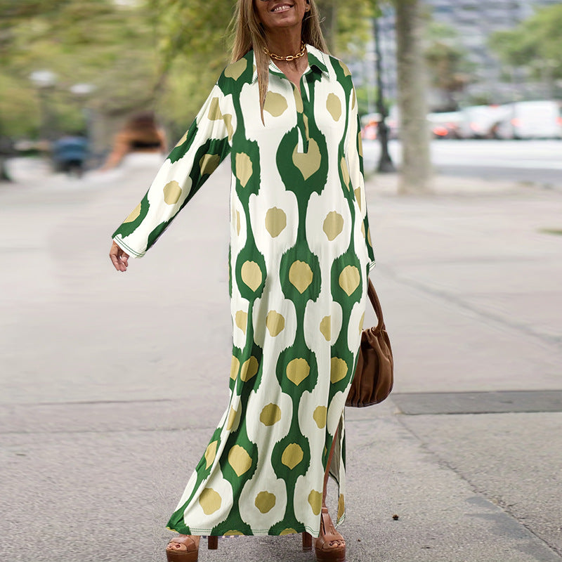 Plus Size Women Turndown Collar Long Sleeve Slit Loose Dress