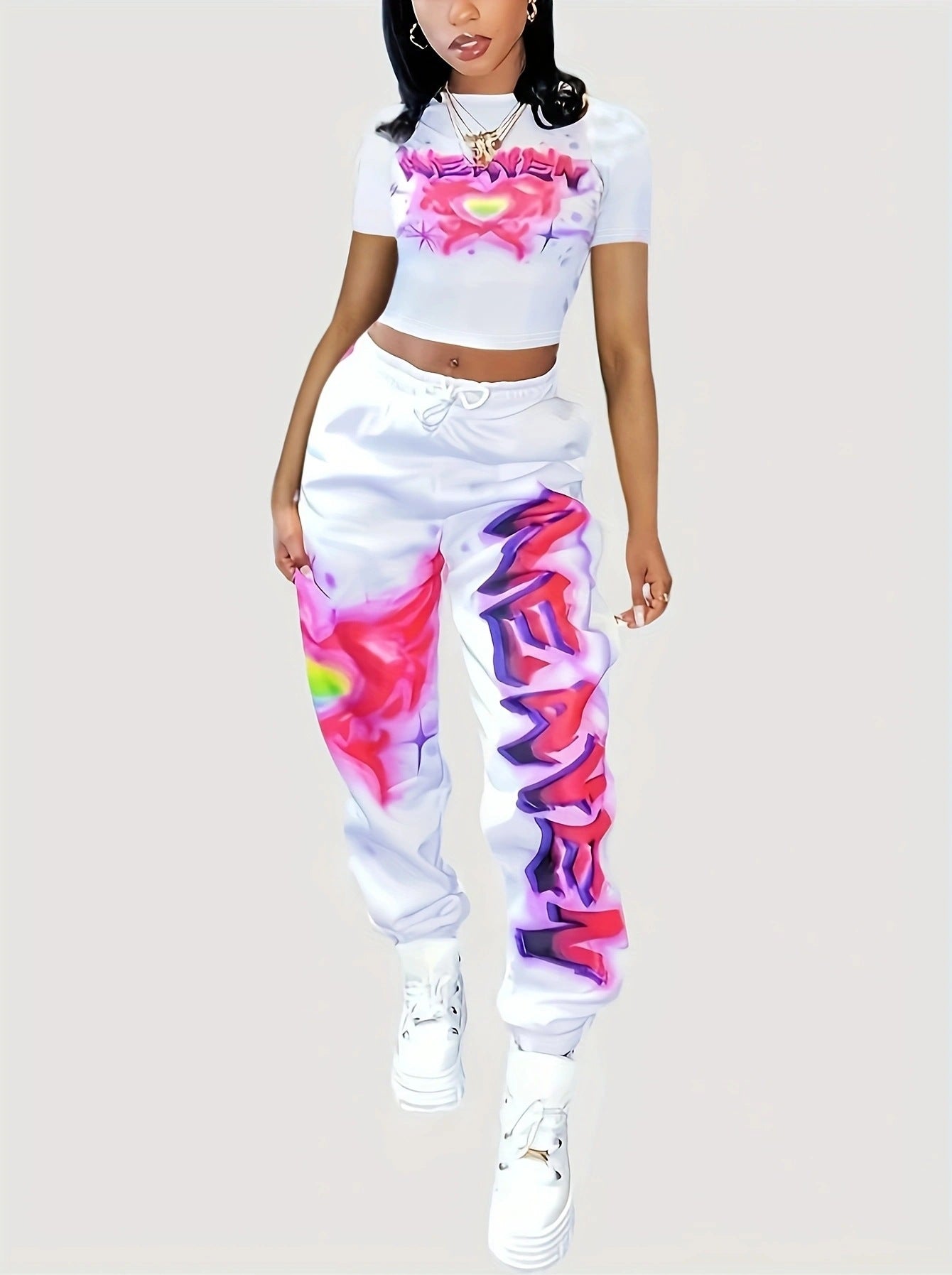 Spring Printed Fashionable Short Sleeve Two Piece Pants Set for Women 7