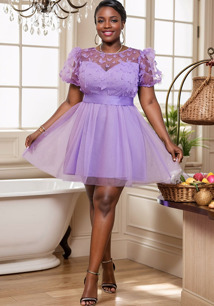 Women Puff Sleeve Butterfly Mesh Dress
