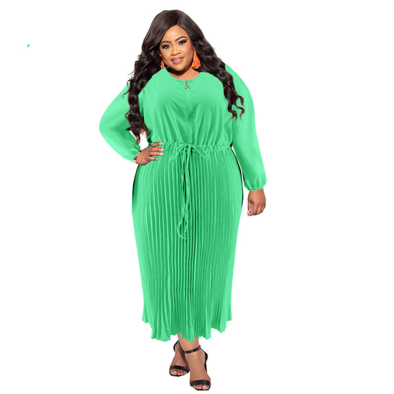 Plus Size Autumn Women's Zipper Round Neck Long Sleeve Pleated Dress 10