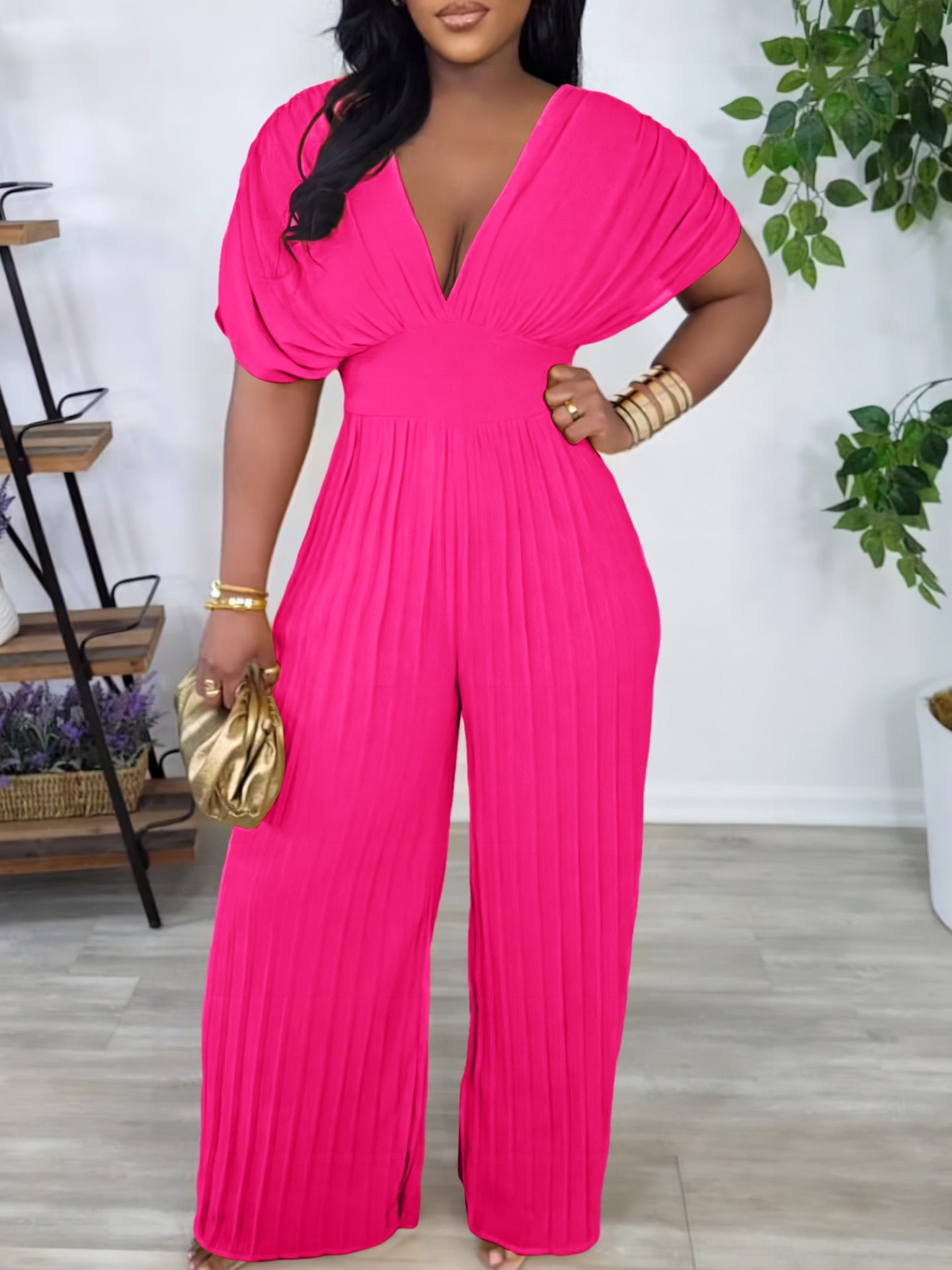 Women V-Neck Solid Sexy Pleated Jumpsuit 6