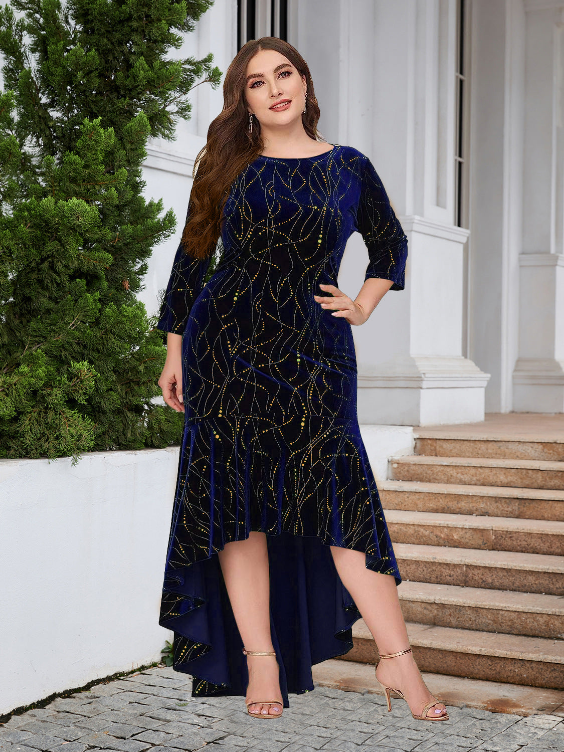 Women's Plus Size Three Quarter Sleeve Mermaid High Low Hem Long Velvet Formal dress 24
