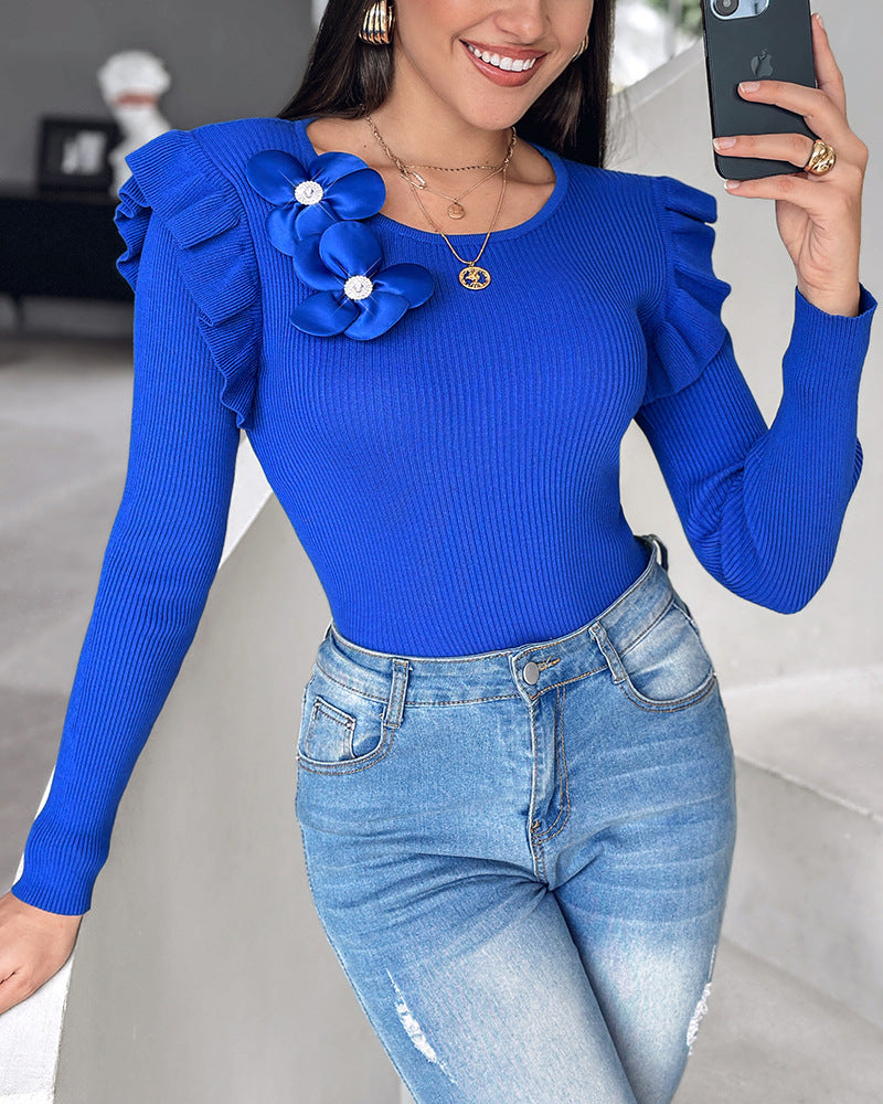 Women Ruffle Edge Floral Round Neck Top