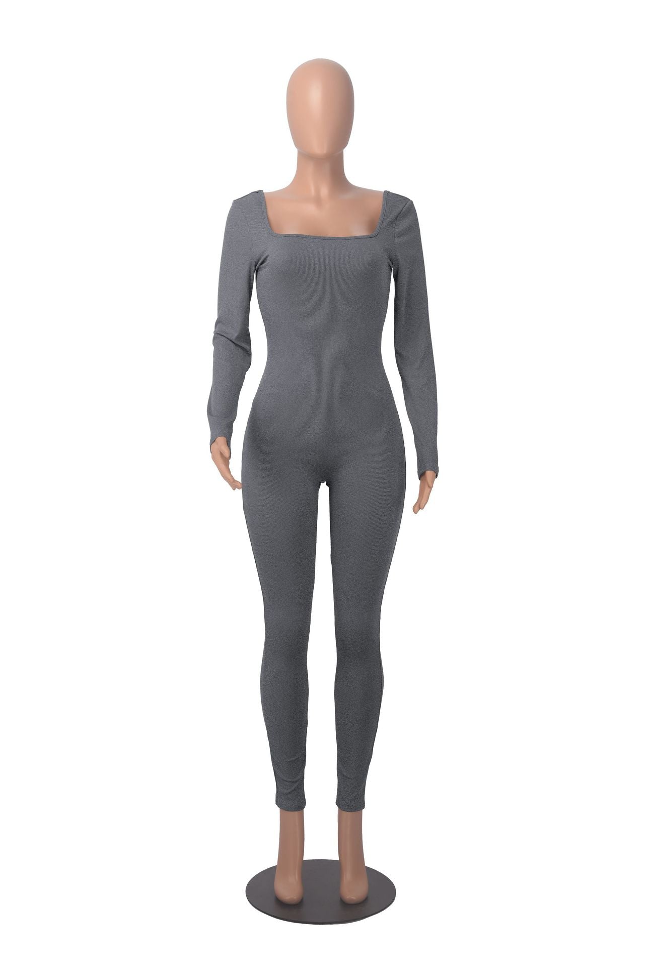 Women's Solid Color Long Sleeve Ribbed Square Neck Low Back Butt Lift Slim Athletic Jumpsuit 30