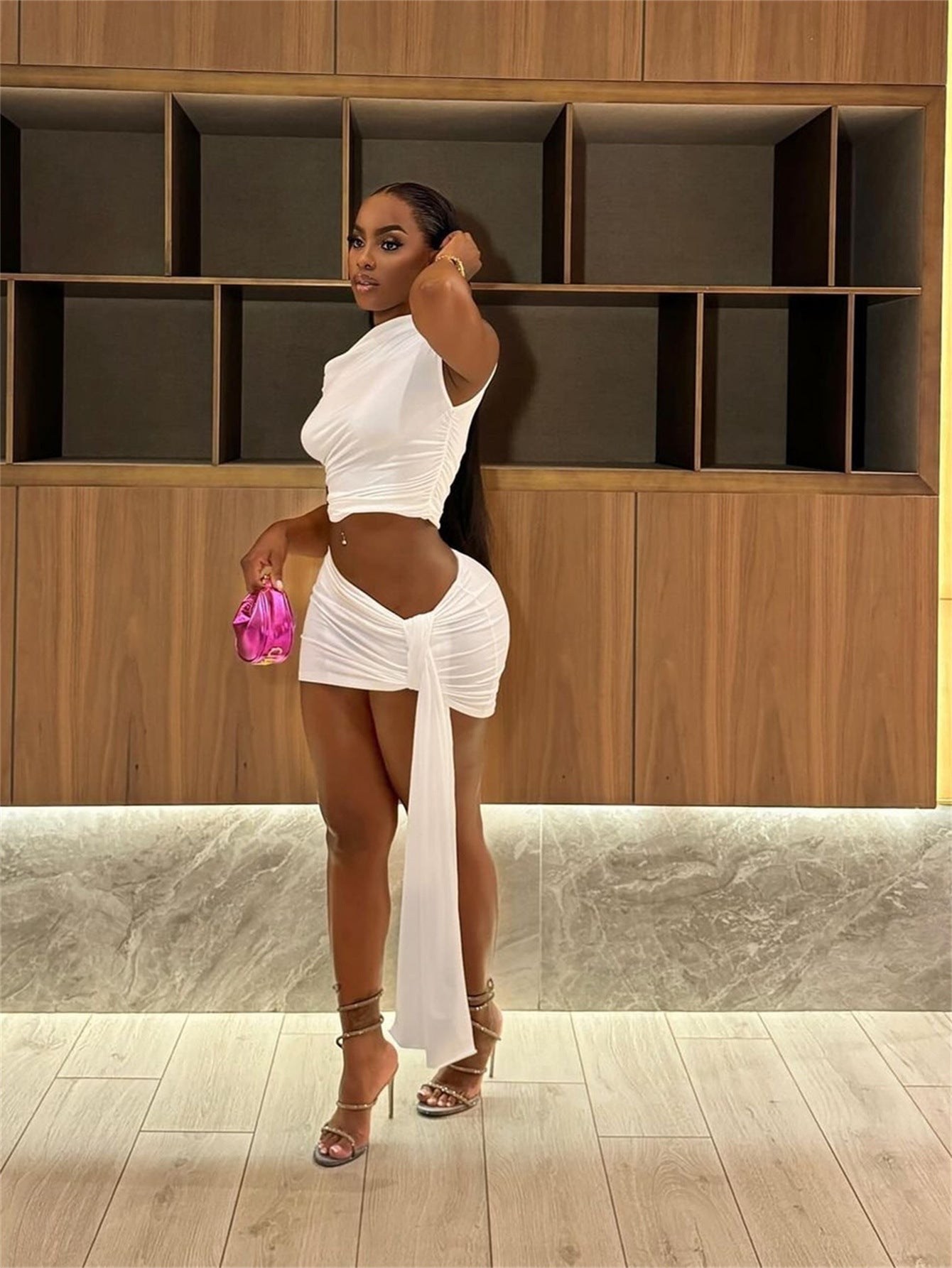 Women Solid Slash Shoulder Top Ribbon and Skirt Two Piece Set 5