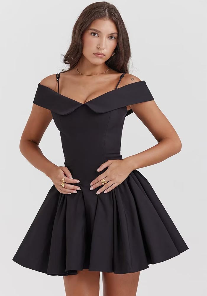 Winter Off Shoulder Slim Waist Solid Color Sexy Short Dress