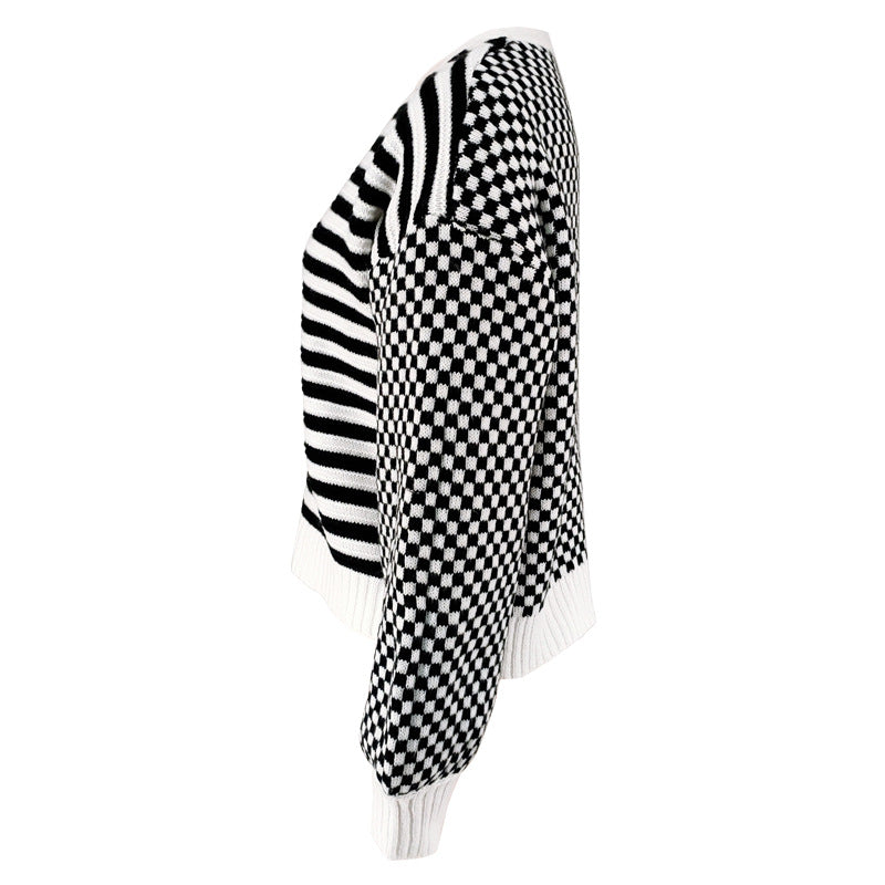 Autumn And Winter Sweater Women's Plaid Patchwork Striped Knitting Coat 8