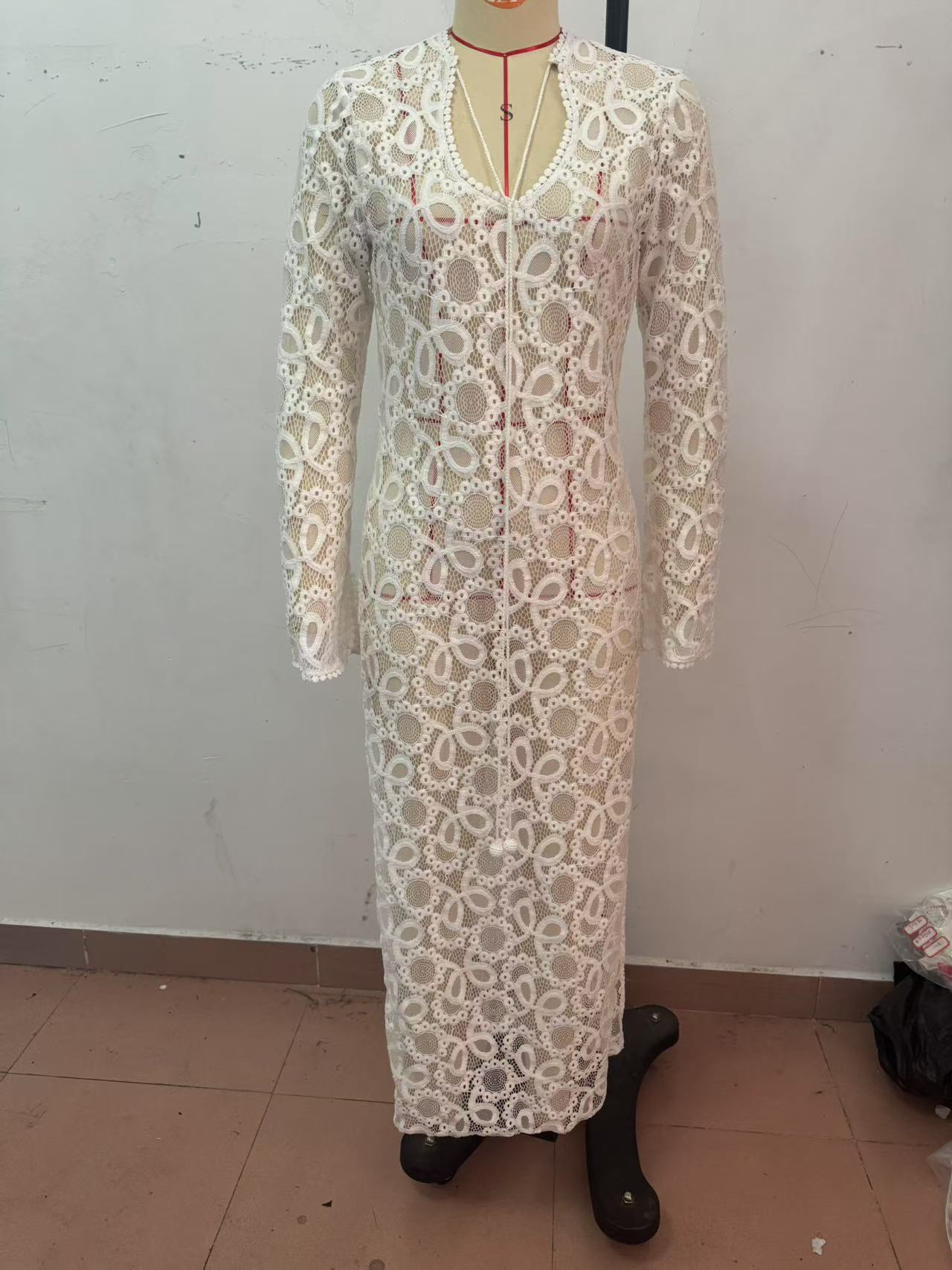 Spring Summer Long-Sleeved See-Through Lace Loose Holidays Slit Dresses 8