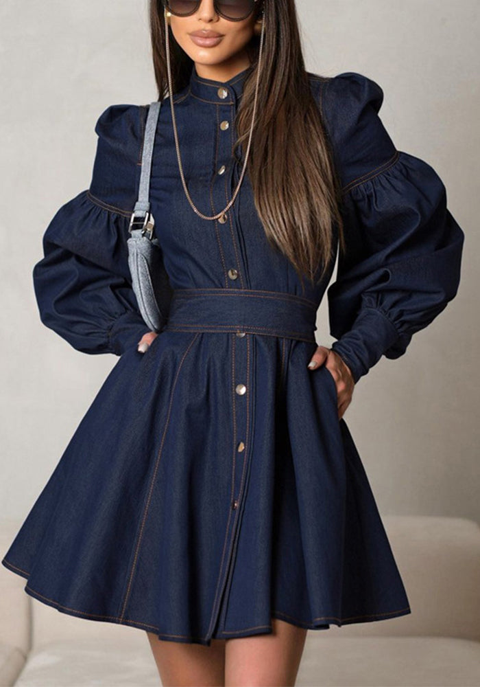 Women Denim lantern sleeve tie shirt dress