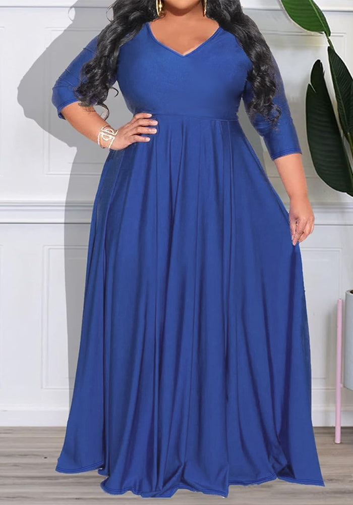 Plus Size Women Long Sleeve V-Neck Frill Dress