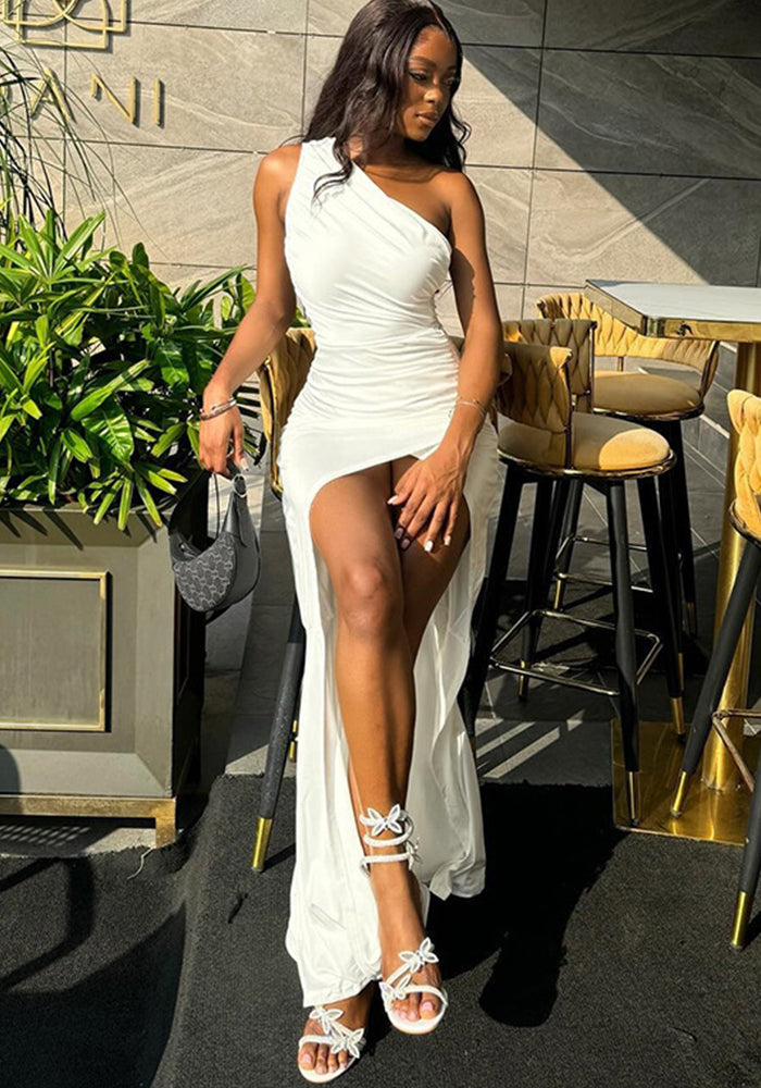 Women Solid Slash Shoulder One-Shoulder Sleeveless Slit Pleated Sexy Dress