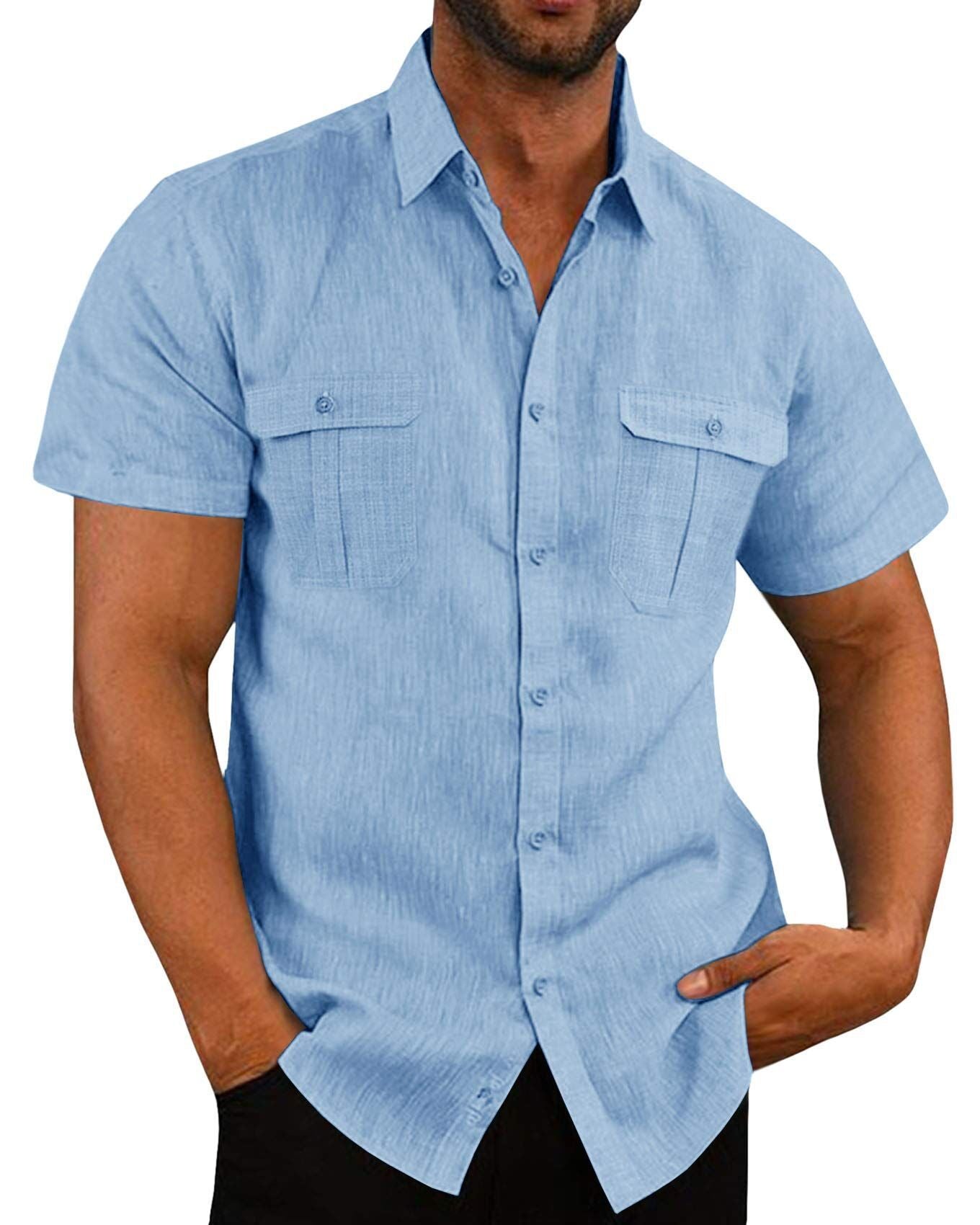 Men's Shirts Double Pocket Linen Short Sleeve Shirts 8