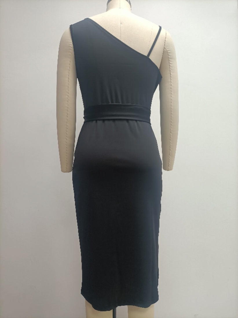 Women'S Solid Color Sexy Sequin Patchwork Slit Belt One Shoulder Evening Dress Nightclub Dress 20