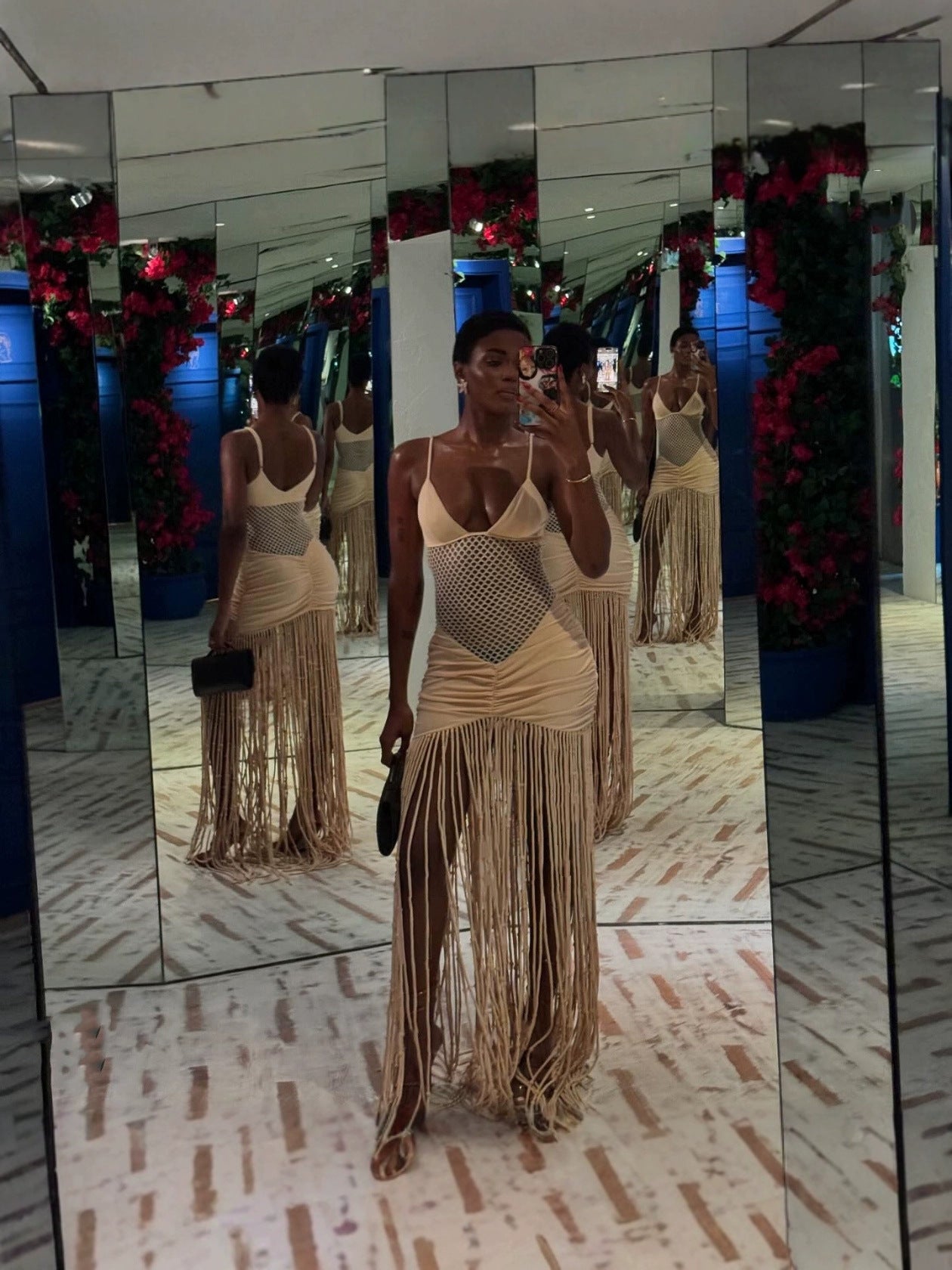 Spring Summer Fashion Strappy Mesh Open Waist Sexy Pleated Bodycon Fringe Dress 6