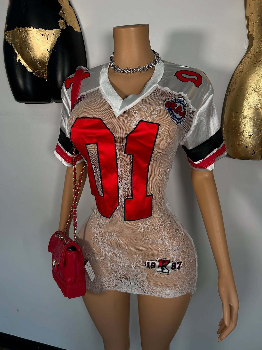 Women Sexy Lace See-Through Embroidered Letter Short-Sleeved V-Neck Dress 4