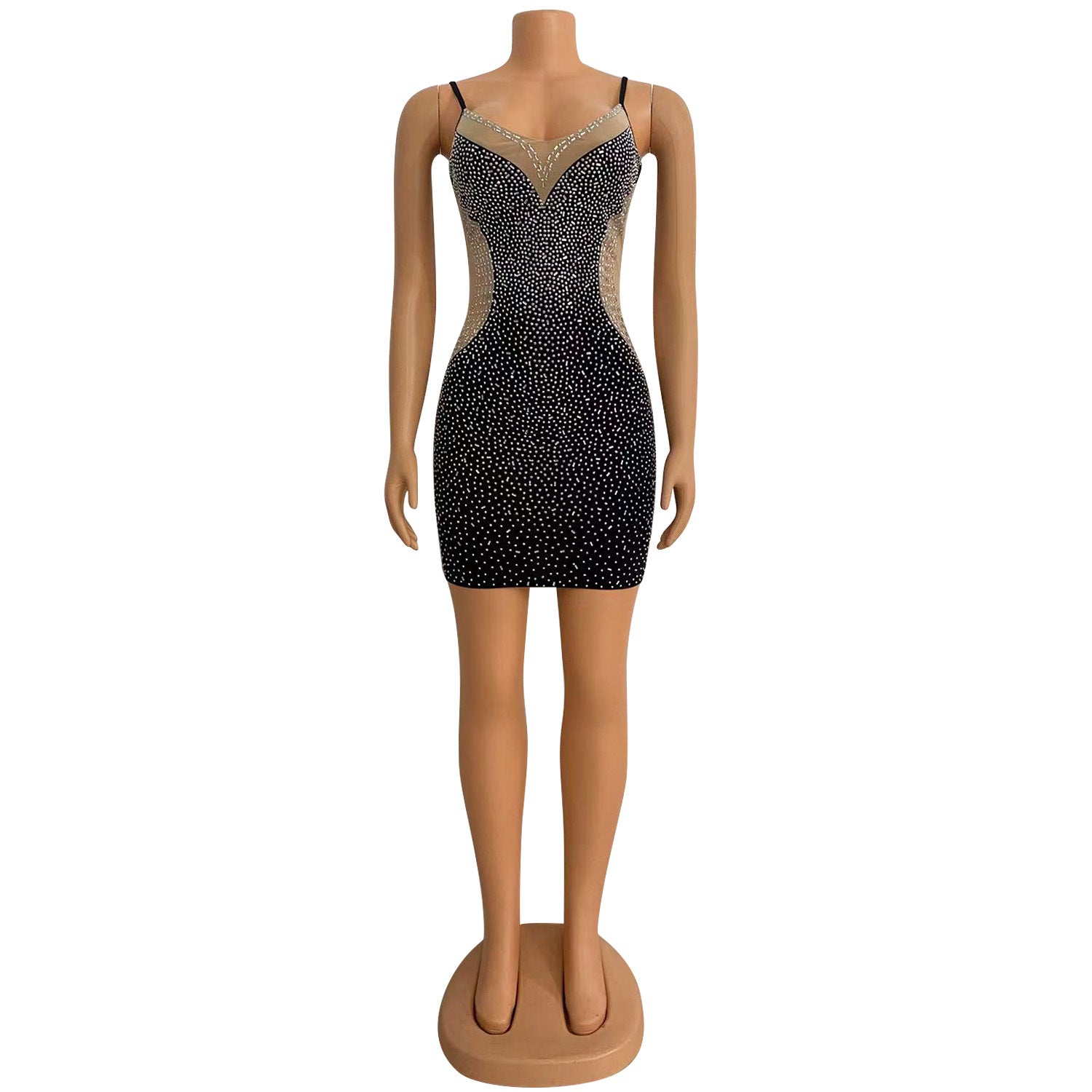 Autumn And Winter Women's Sexy V-Neck Mesh Beaded Patchwork Strap Dress 11