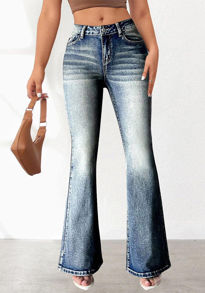 Women Denim Pant Stretch Pocket Embroidery Retro Bell Bottom Denim Pant