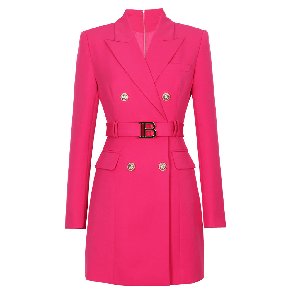 Spring Autumn Fashion Solid Color Slim Belt Long Sleeve Slim Chic Career Suit Dress 38