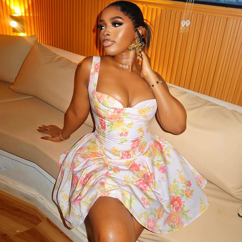 Sexy Sweet Women's Low Back Printed Trendy Strap Slim Waist A-line Short Dress 3