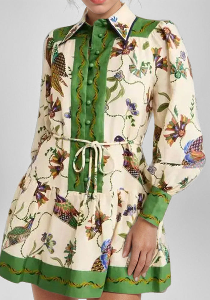 Women lace-up print Turndown Collar long sleeve pleated dress