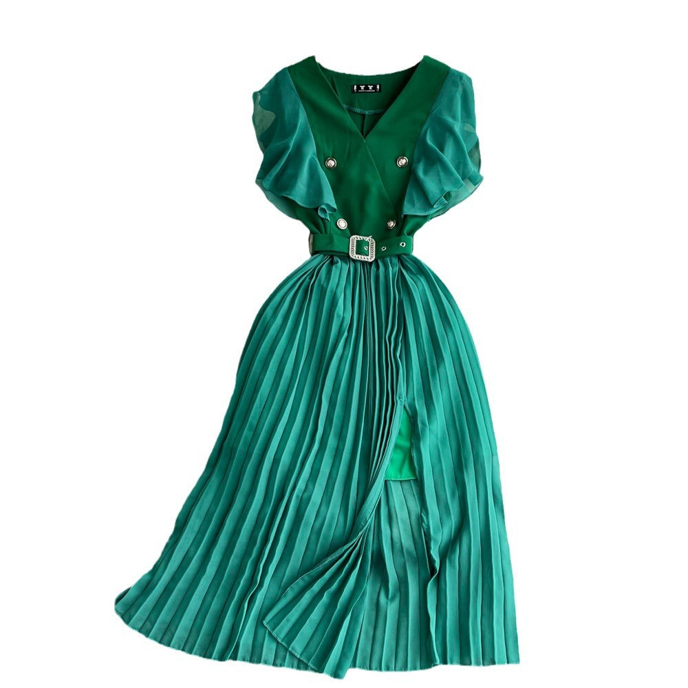 Women Contrast Color Flying Sleeve Collar Slit Pleated Dress 12