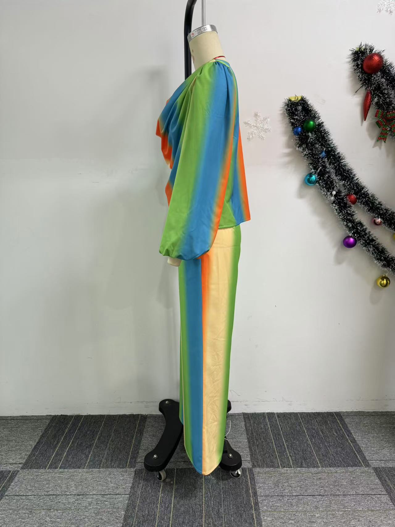 Women lantern sleeves Print swing collar top and wide-leg pants Two Piece Set 8