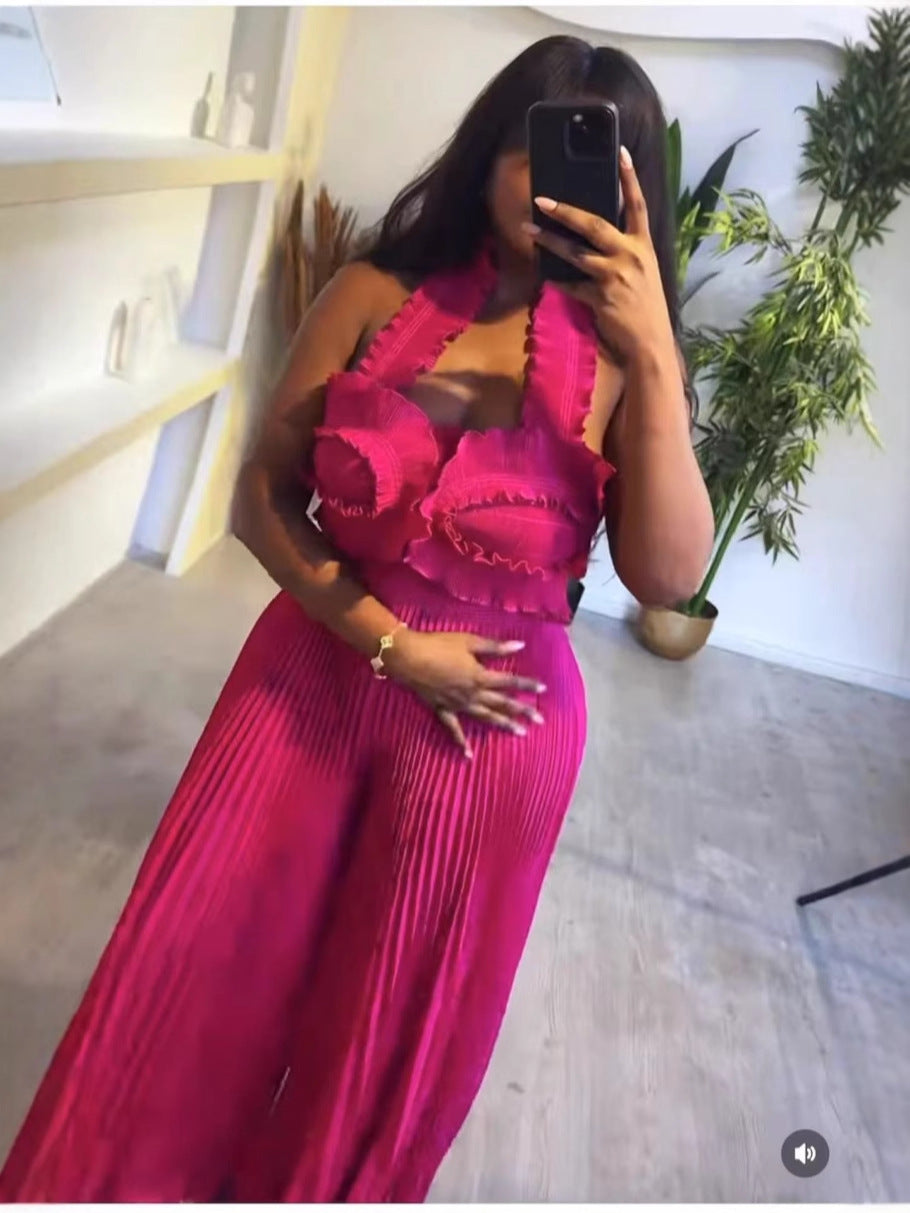 African Pleated Sexy Strap Top Pleated Wide-Leg Pants Two-Piece Set 11