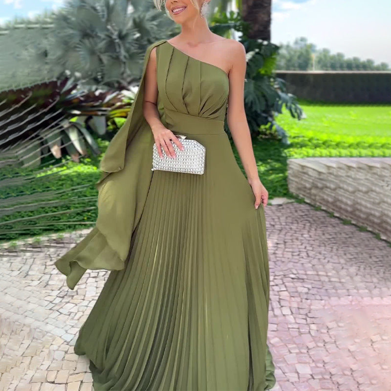 Women Summer Slash Shoulder Off-shoulder Pleated Elegant Maxi Dress 5