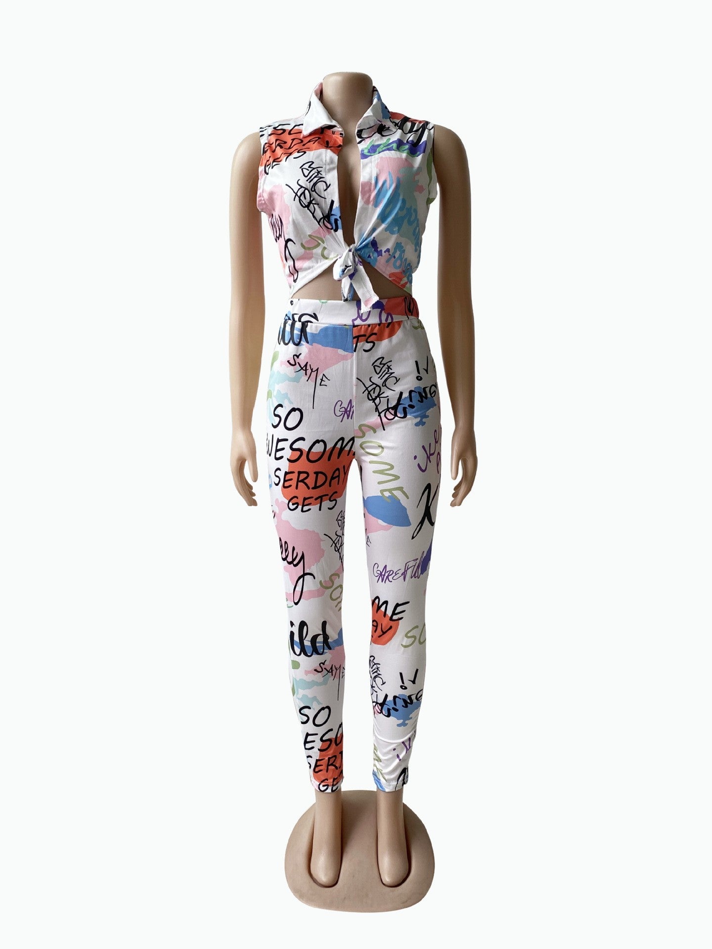 Women 2-Piece Set Turndown Collar Sleeveless Top and Printed Multi-Color Long Pants Two-Piece Set 5