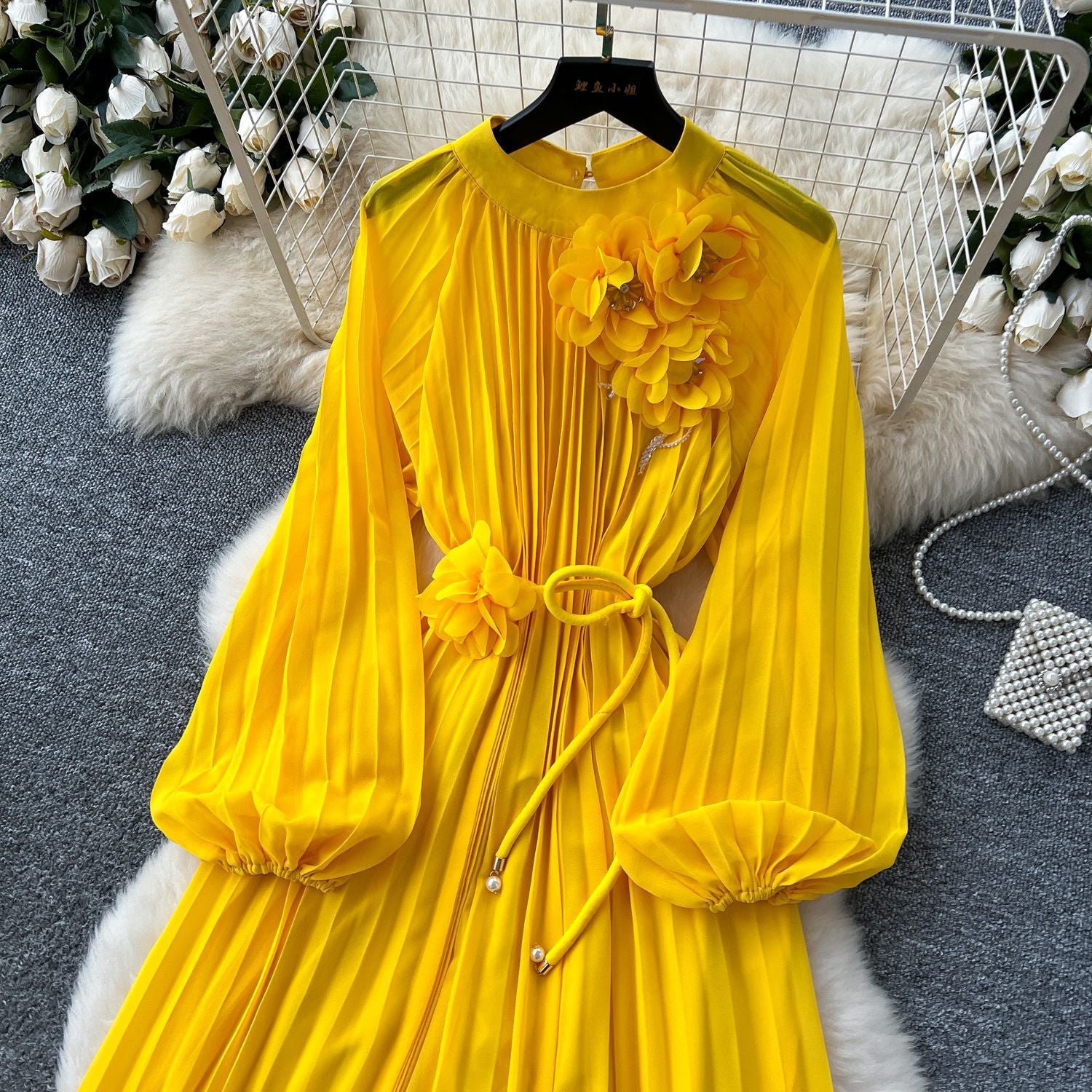 Elegant Women's Luxury Beaded Flower Belt Slim Waist Pleated Long Dress 25