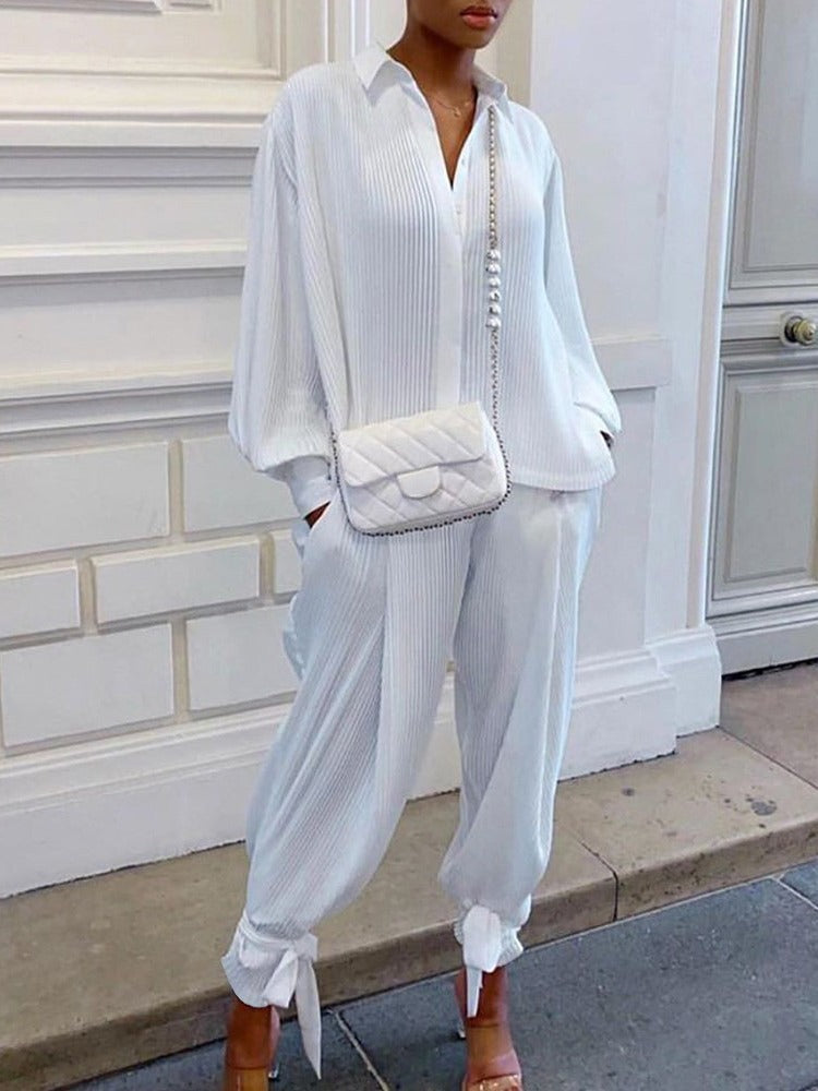 Women Autumn and Winter Solid Lace-Up Loose Ribbed Shirt and Pant Two-piece Set