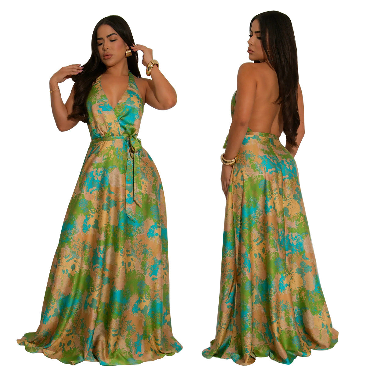 Women's V-Neck Halter Neck Sexy Low-Back Print Maxi Dress