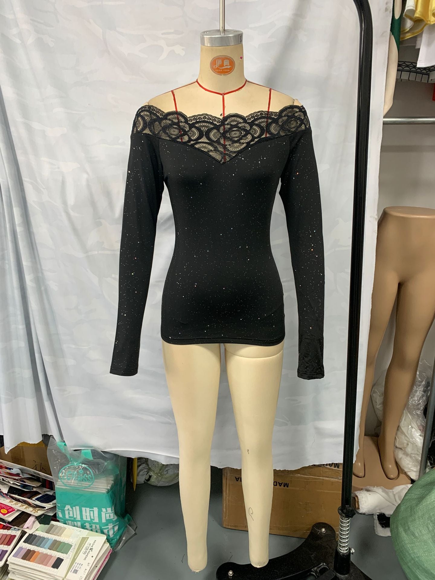 Women lace Off Shoulder sexy black long sleeve Top 5