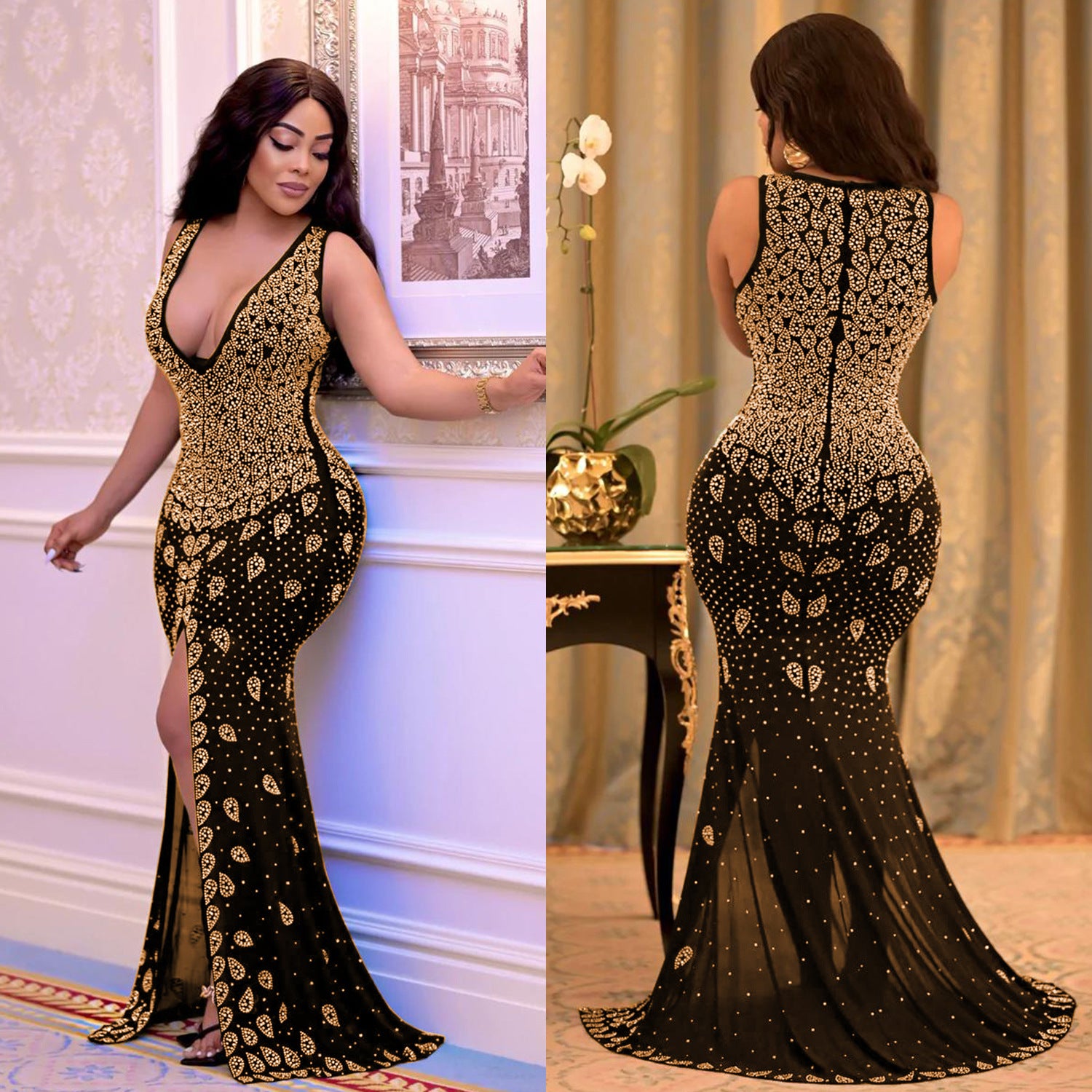 Women's Sexy V-Neck Tight Fitting Mesh Nightclub Party Beaded Dress 4