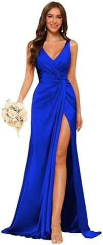 Women's Strap V-Neck Bridesmaid Dress Sleeveless Satin High Slit Prom Dress（Processing time need 3-6 days） 11