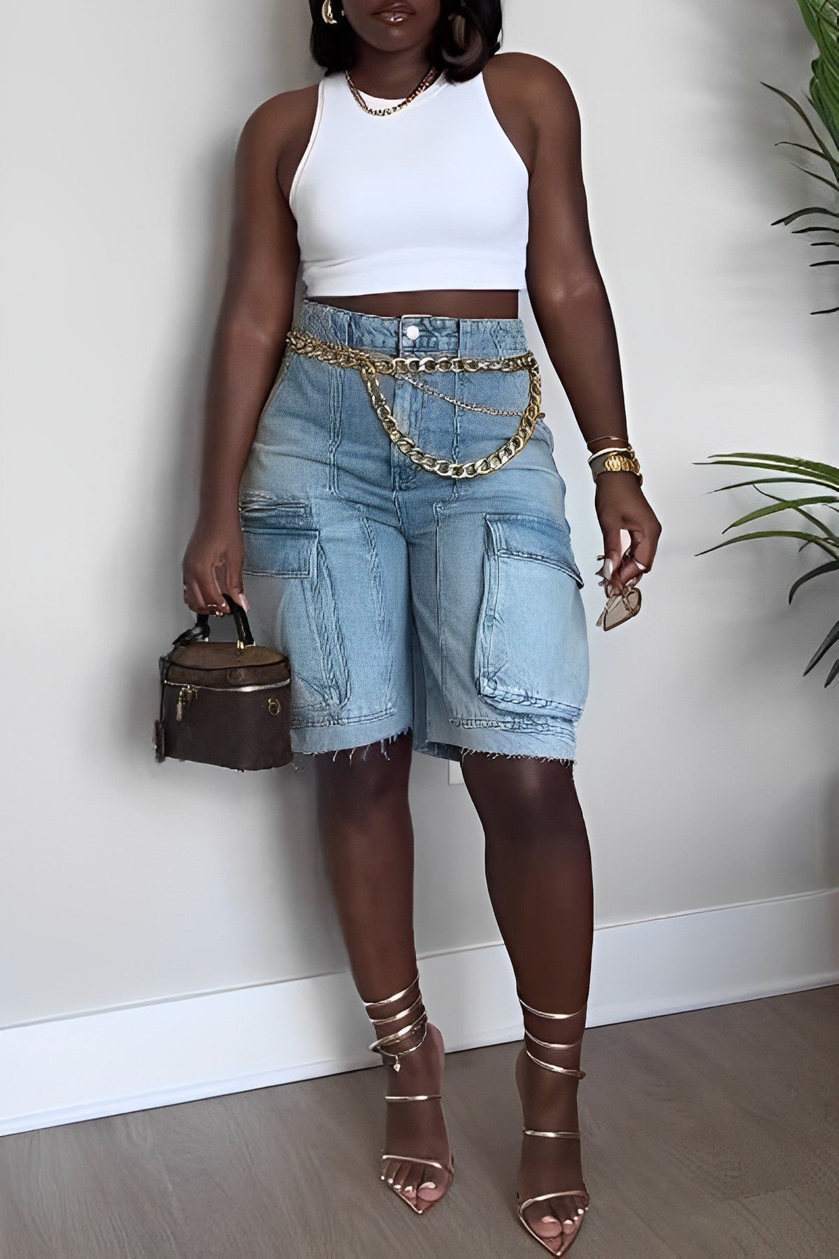 Women Ripped Cargo Denim Pants 8