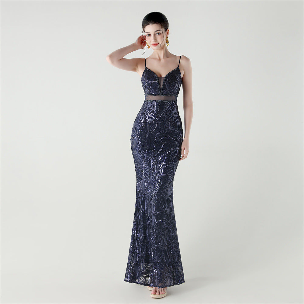 Women See-Through Mesh back cross Lace-Up fishtail sequined evening dress 8