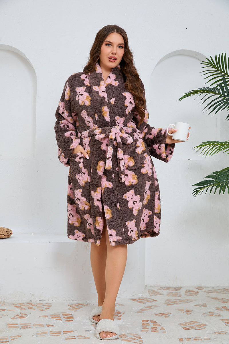 Plus Size Women long-sleeved bear printed flannel nightgown 3