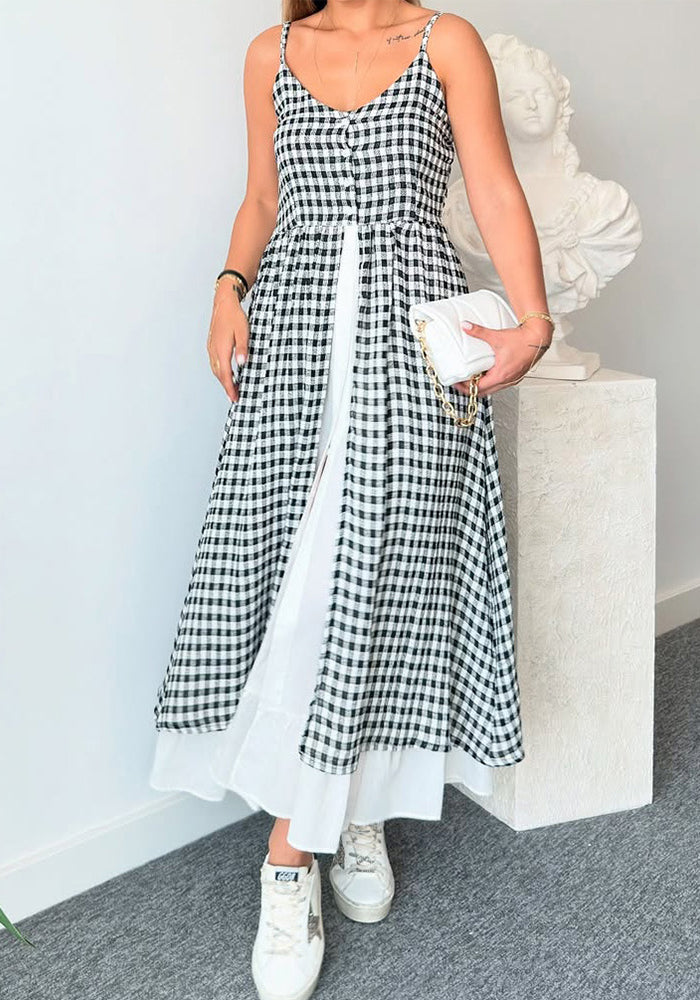 Women Halter V-Neck Casual Print Plaid Slit Mock Two-Piece Dress