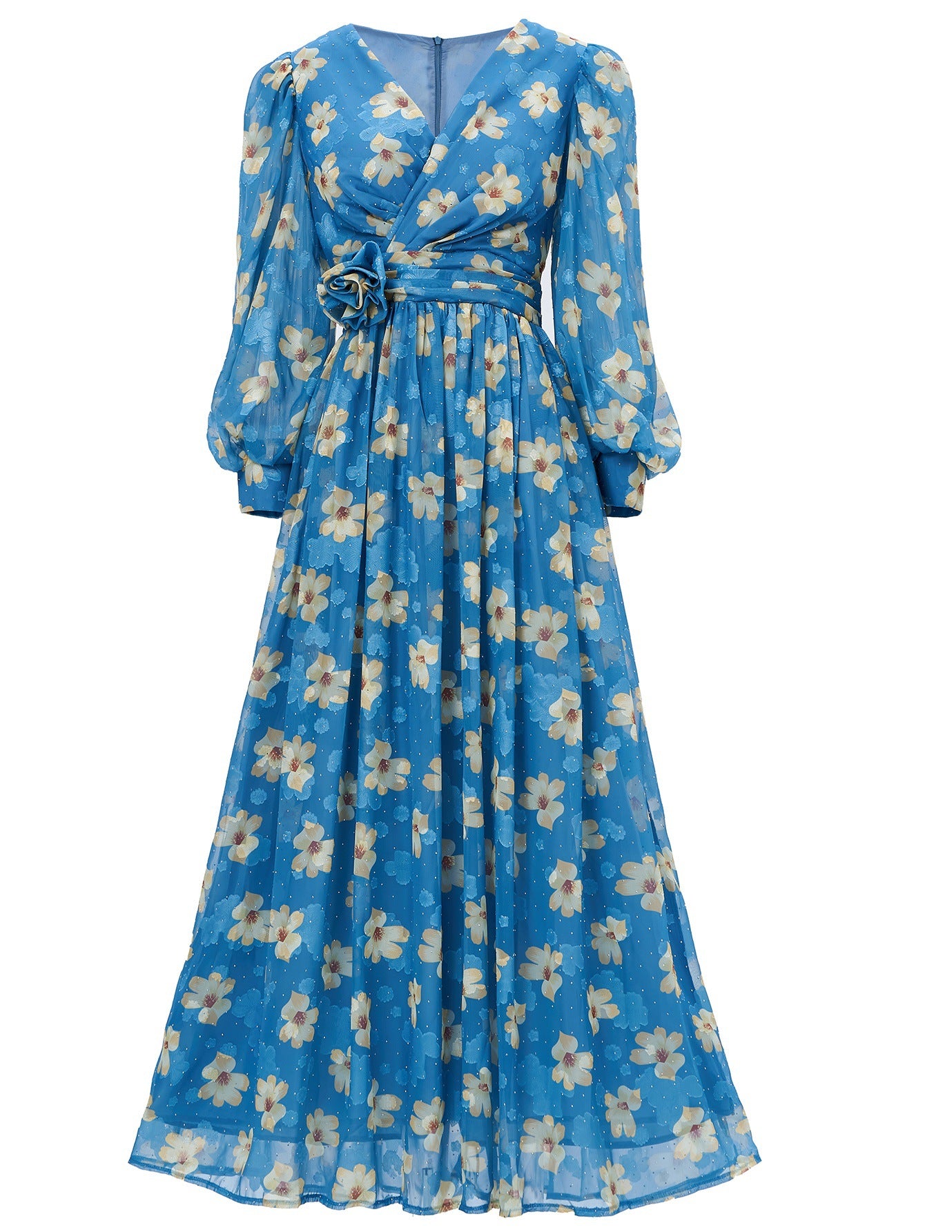 Elegant Women's Long-Sleeve V-Neck Ruffled Formal Party Mesh Evening Gown 11