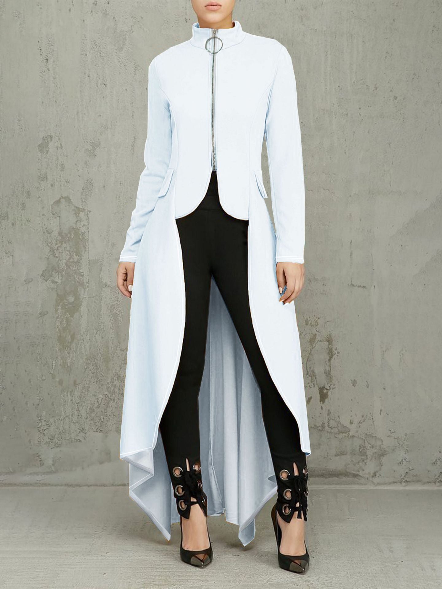 Women Long Sleeve Turtleneck Zipper Fake Pocket Irregular Dress 8