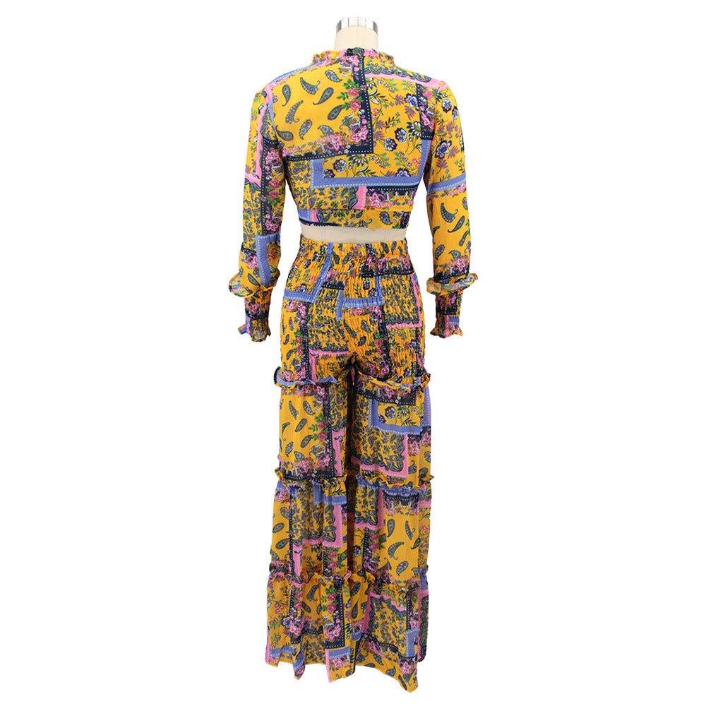 Women chiffon irregular printed long-sleeved top and wide-leg pants Casual two-piece set 32