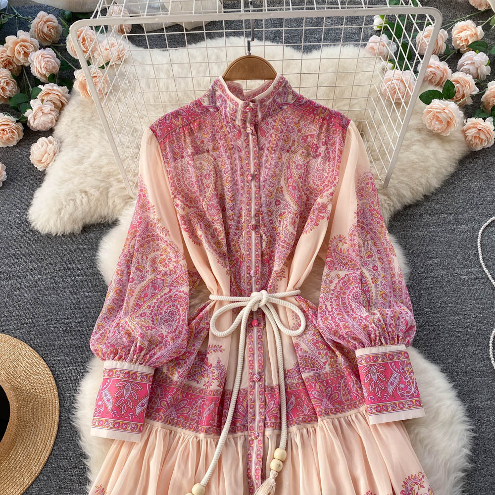 Women Stand Collar Balloon Sleeve Printed Dress 13