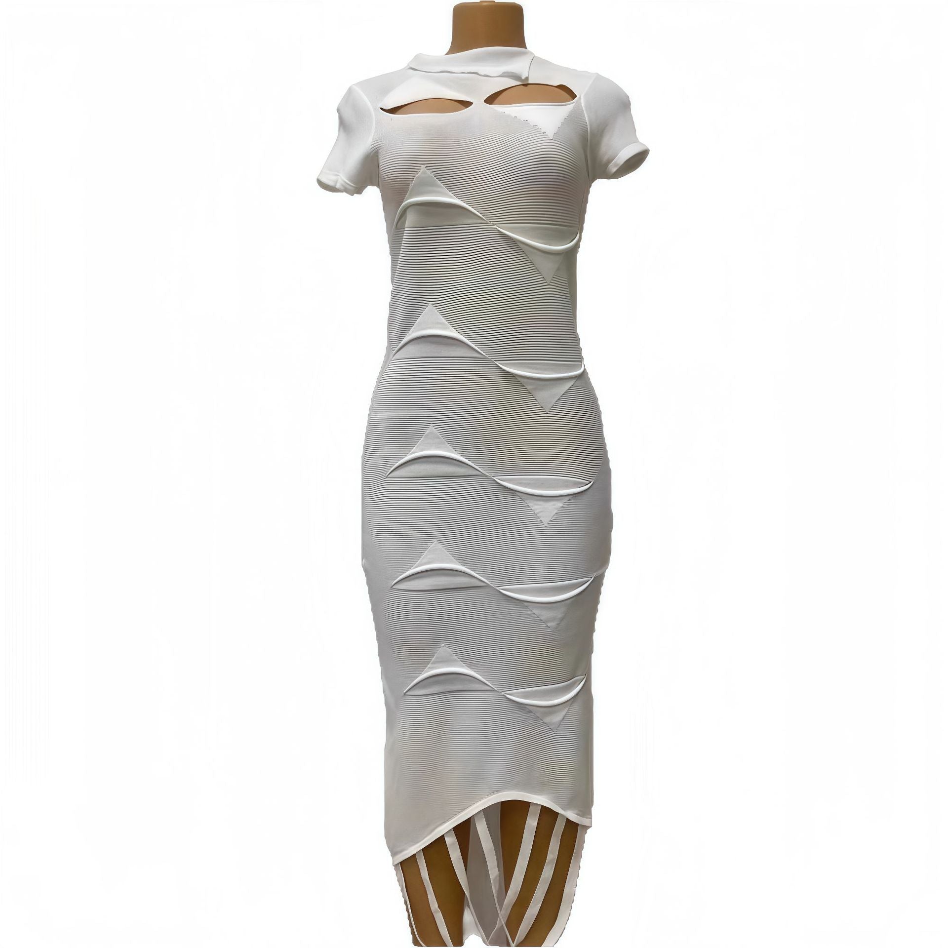 Women Slash Shoulder tassel hollow knitting solid irregular short-sleeved dress 5