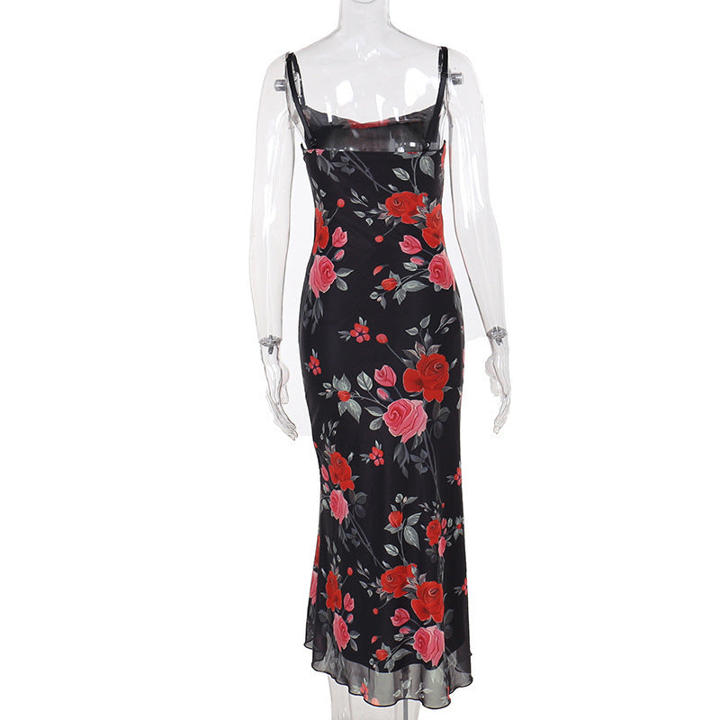 Women Spring Retro Flower Strap Bodycon Maxi Dress 7